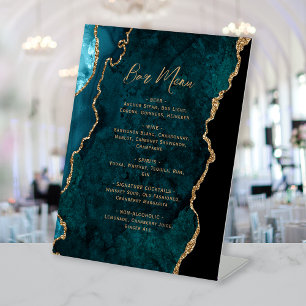 Trouw Bar Menu van Teal Blauwe Goud Agate Reclamebord Met Voetstuk