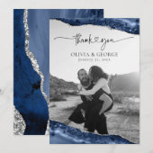 Trouw Bedankt Kaarten Navy Blauw Zilver Agaat (Voorkant / Achterkant)