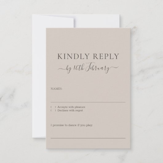 Trouw Beige Handtekening Zachte vriendelijke react RSVP Kaartje (Voorkant)