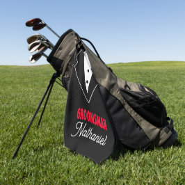 Trouw black tie smoking, rode roos, aanpasbaar golfhanddoek