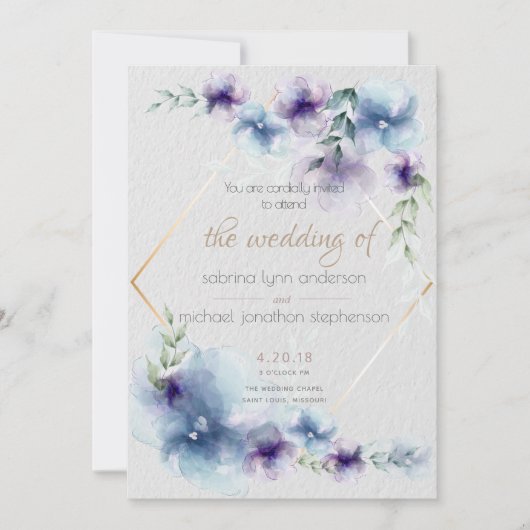 Trouw | Blauw en Paarse Waterverf Bloem 2 Kaart (Voorkant)