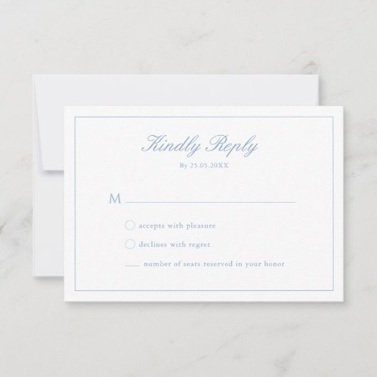 Trouw Blauwe Script Crest Monogram RSVP Kaart (Voorkant)