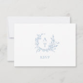 Trouw Blauwe Script Crest Monogram RSVP Kaart (Achterkant)
