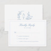 Trouw Blauwe Script Crest Monogram RSVP Kaart (Voorkant / Achterkant)