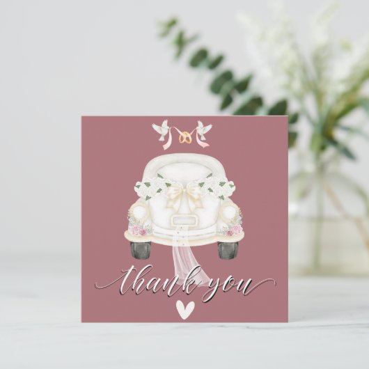 Trouw bloem roze auto dankkaart bedankkaart (Staand voorkant)