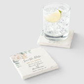 Trouw bloemige eucalyptus groen blijf datum in het stenen onderzetter (Zijkant)