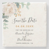 Trouw bloemige eucalyptus groen blijf datum in het stenen onderzetter (Voorkant)