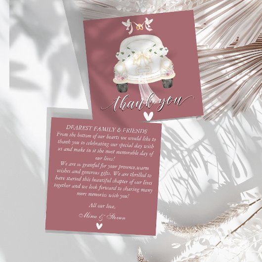 Trouw bloemrijke roze auto bedankkaart