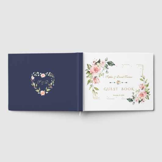 Trouw Blozend Bloem Goud Glitter Lijst Navy Gastenboek (Volledig)