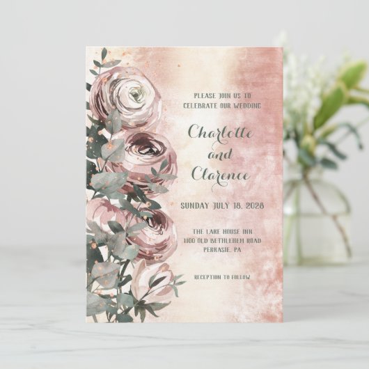 Trouw Blozend Roze Ranunculus Eucalyptus Rose Goud Kaart (Staand voorkant)