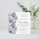 Trouw Blush Blauw Perzik Beige Bloem Wit Kaart (Staand voorkant)