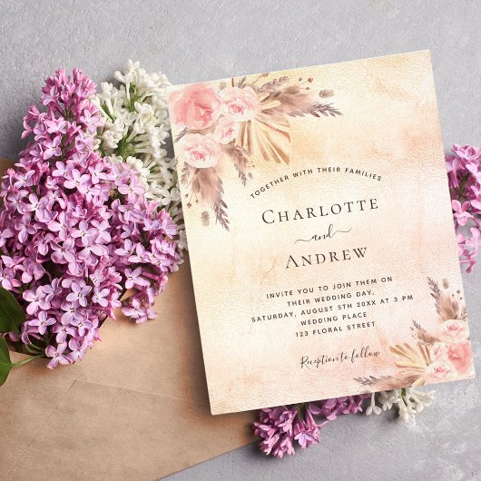 Trouw boho pampas gras roze goud budget flyer