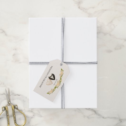 Trouw Bruid Bruidegom namen en datum hart bloemstu Cadeaulabel (Met Touw)
