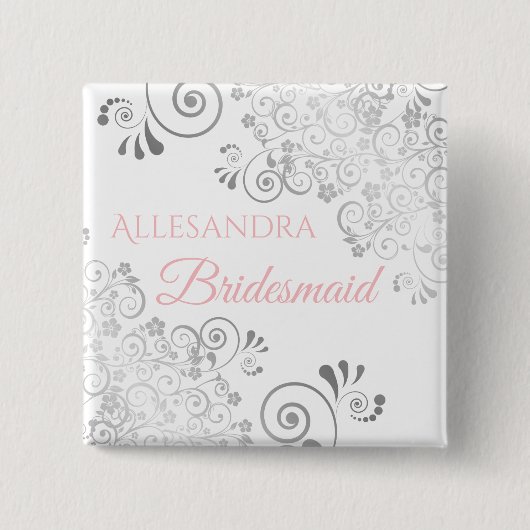 Trouw bruidsmeisje naamkaart roze & grijs vierkante button 5,1 cm (Voorkant)
