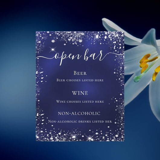 Trouw bruiloft bar menu met navyblauwe zilveren gl
