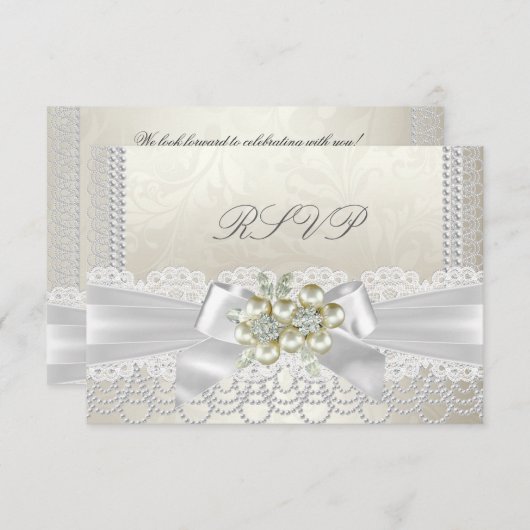 Trouw Bruiloft Crème Parel Kant Damast Diamant RSVP Kaartje (Voorkant / Achterkant)