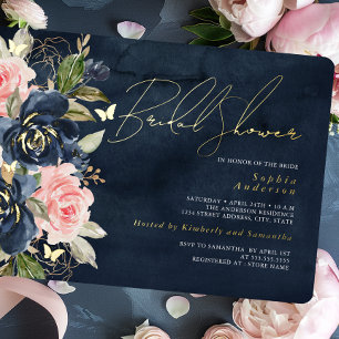 Trouw Bruiloft Navy Blush Gouden Vlinder  Folie Uitnodiging