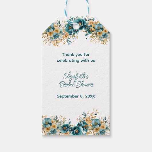 Trouw Bruiloft Thee Blauw Goud Waterverf Bloem Cadeaulabel (Voorkant)