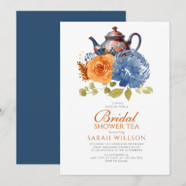 Trouw Bruiloft Thee in Navy Blauw Verbrande Oranje Kaart