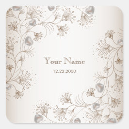 Trouw Bruine Bloemhartpatroon Elegante Vintage Vierkante Sticker
