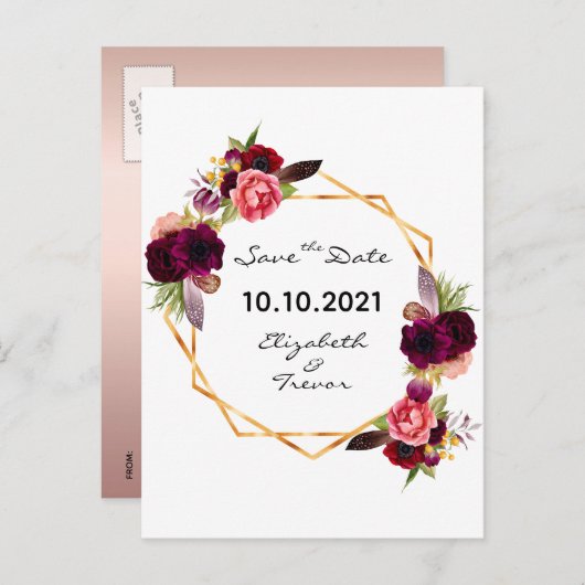 Trouw burgundy bloemen roze goud save the date aankondigingskaart (Voorkant / Achterkant)