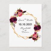 Trouw burgundy bloemen roze goud save the date aankondigingskaart (Voorkant)