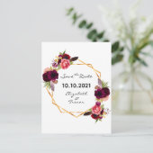 Trouw burgundy bloemen roze goud save the date aankondigingskaart (Staand voorkant)