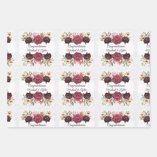 Trouw Burgundyrozen Personaliseer Namen 3 Damast Inpakpapier Vel (Voorkant)