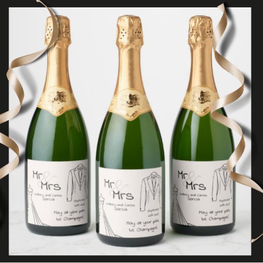 trouw champagnefleslabel Bruid en Bruidegom Sparkling Wijnetiket