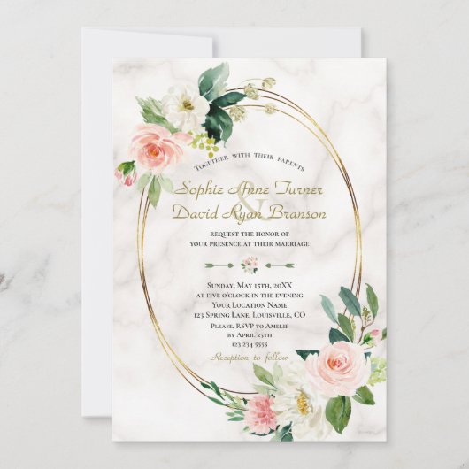 Trouw Charm Blush Cream Bloemen Marmer Goud Kaart (Voorkant)