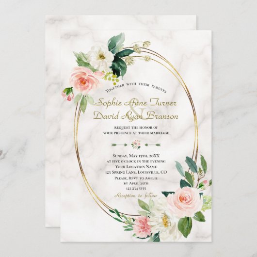 Trouw Charm Blush Cream Bloemen Marmer Goud Kaart (Voorkant / Achterkant)