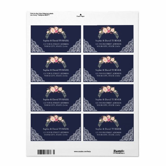 Trouw Charm Blush Roze Bloemen Kant Blauwe Etiket (Full Sheet)