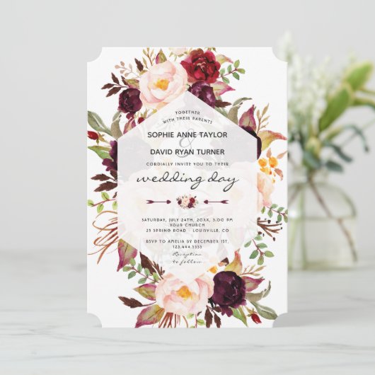 Trouw Charm Burgundy Marsala Bloem Geometrisch Kaart (Staand voorkant)