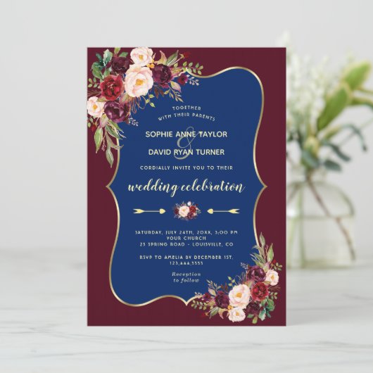 Trouw Charm Burgundy Navy Blauw Goud Bloem Kaart (Staand voorkant)