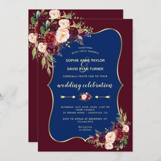 Trouw Charm Burgundy Navy Blauw Goud Bloem Kaart (Voorkant / Achterkant)