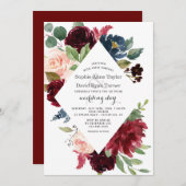 Trouw Charm Burgundy Navy Blauwe Blush Bloem Kaart (Voorkant / Achterkant)