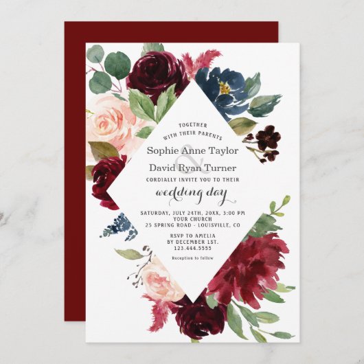 Trouw Charm Burgundy Navy Blauwe Blush Bloem Kaart (Voorkant / Achterkant)