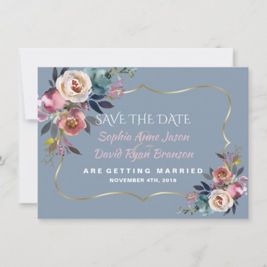 Trouw Charm Dusty Blue Misty Rose Goud Save The Date (Voorkant)