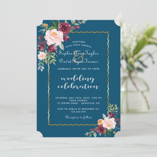 Trouw Charm Gold Burgundy Blush Bloom Bloemen Kaart (Staand voorkant)