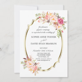 Trouw Charm Pink Blush Bloem Goud Frame Kaart