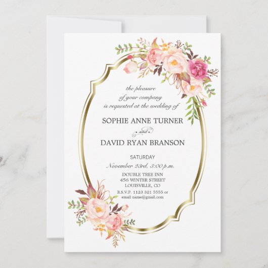 Trouw Charm Pink Blush Bloem Goud Frame Kaart (Voorkant)