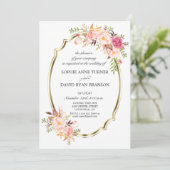 Trouw Charm Pink Blush Bloem Goud Frame Kaart (Staand voorkant)