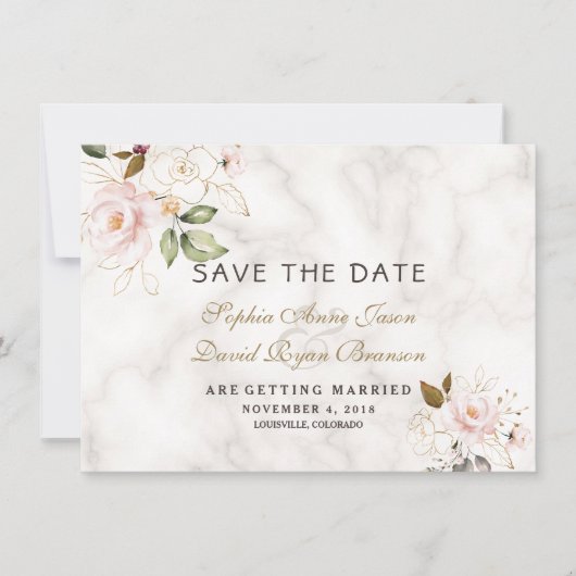 Trouw Charm Pink Blush Goud Bloem Marmer Save The Date (Voorkant)