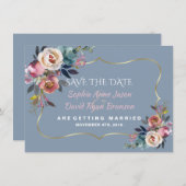 Trouw Charm Stof Blauw Mistige Roze Goud Save The Date (Voorkant / Achterkant)