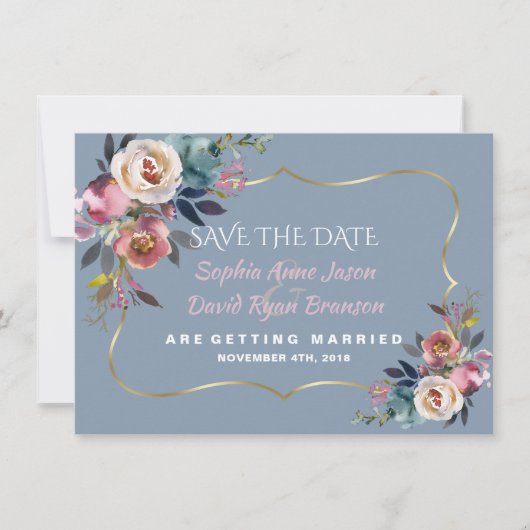 Trouw Charm Stof Blauw Mistige Roze Goud Save The Date (Voorkant)