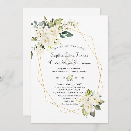 Trouw Charm White Crème Bloemen Gouden Frame Kaart (Voorkant / Achterkant)