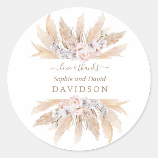 Trouw Charm White Rozen Pampas Gras  Ronde Sticker (Voorkant)