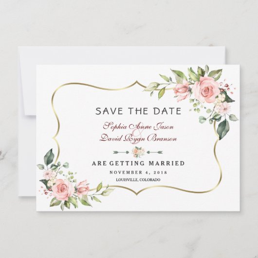 Trouw Charmant Roze Blush Bloemen Gouden Lijst Save The Date (Voorkant)
