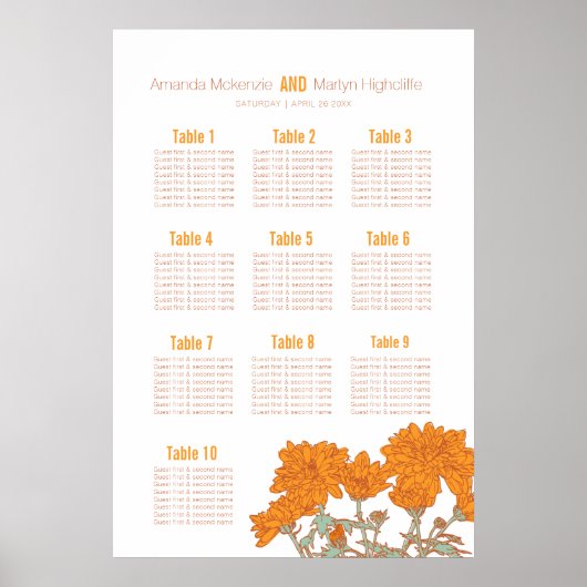 Trouw chrysanthemum oranje bloem kunst tafel plan poster (Voorkant)