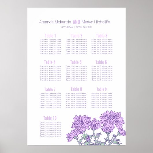 Trouw chrysanthemum paarse bloem kunst tafel plan poster (Voorkant)